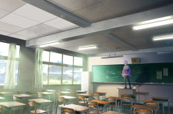 Rule 34 | 10s, 1girl, blurry, breasts, building, ceiling light, chair, chalkboard, classroom, commentary request, curtains, day, desk, gridman universe, indoors, jacket, light, light purple hair, locker, long sleeves, looking at viewer, miniskirt, off shoulder, pajaman, pantyhose, purple jacket, red eyes, school desk, shaded face, shinjou akane, shirt, short hair, skirt, sleeves past fingers, sleeves past wrists, solo, ssss.gridman, standing, standing on object, table, window