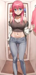 Rule 34 | + +, 3girls, alternate costume, annoyed, anteiru, bare shoulders, black camisole, black choker, blue eyes, blue hair, blush, bocchi the rock!, breasts, camisole, changing room, choker, cleavage, clothes hanger, collarbone, crop top, cross, cross necklace, denim, gotoh hitori, highres, jacket, jeans, jewelry, kita ikuyo, large breasts, latin cross, long hair, looking at another, midriff, multiple girls, navel, necklace, off shoulder, open mouth, pants, pink hair, red hair, solo focus, sparkling eyes, stomach, sunglasses, sweatdrop, yamada ryo