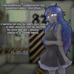 Rule 34 | 1girl, black skin, blue eyes, breasts, child of the galaxy, cleavage, colored skin, crying, dress, english text, frown, holding own arm, huyusaki taiga, large breasts, layered dress, lobotomy corporation, long hair, messy hair, personification, project moon, purple hair, side slit, sideboob, sleeveless, sleeveless dress, solo