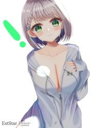 Rule 34 | !, 1girl, :3, aties20, blush, braid, braided bangs, breasts, closed mouth, collarbone, commentary request, green eyes, grey hair, hair ornament, hairclip, hand up, highres, hololive, hood, hood down, hooded jacket, jacket, large breasts, long sleeves, looking at viewer, shirogane noel, simple background, sleeves past wrists, solo, virtual youtuber, white background, white jacket, x hair ornament