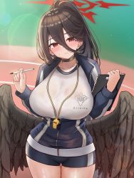 Rule 34 | 1girl, absurdres, black choker, black hair, black wings, blue archive, blush, breasts, choker, closed mouth, gym uniform, hair between eyes, halo, hasumi (blue archive), hasumi (track) (blue archive), highres, holding, holding pen, huge breasts, jacket, kano (wi3028), long hair, looking at viewer, mole, mole under eye, official alternate costume, pen, ponytail, red eyes, shirt, shorts, solo, thighs, track jacket, whistle, whistle around neck, white shirt, wings
