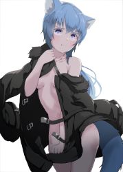 Rule 34 | 1girl, animal ears, blue hair, blue tail, blush, bottomless, breasts, covered erect nipples, floating clothes, highres, holding, looking at viewer, mikisai, original, pout, pulling own clothes, purple eyes, short hair, sidelocks, small breasts, solo, tail