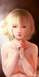 Rule 34 | 1girl, blonde hair, braid, breasts, collarbone, commentary, covering breasts, covering privates, cross, english commentary, fate/apocrypha, fate/grand order, fate (series), holding, holding jewelry, holding necklace, jeanne d&#039;arc (fate), jeanne d&#039;arc (ruler) (fate), jewelry, large breasts, long braid, long hair, looking at viewer, necklace, nude, own hands clasped, own hands together, pink lips, praying, purple eyes, single braid, solo, upper body, yona (illusty0na)
