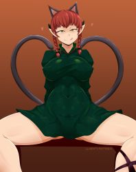 Rule 34 | 1girl, absurdres, animal ears, blush, bow, braid, breasts, cat ears, cat tail, green eyes, hair bow, heart, heart tail, highres, kaenbyou rin, large breasts, looking at viewer, multiple tails, plump, red hair, safurantora, short hair, smile, solo, spread legs, tail, thighs, touhou, twin braids