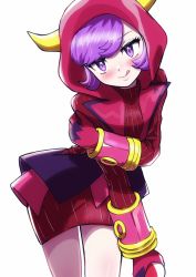 Rule 34 | 1girl, :q, courtney (pokemon), creatures (company), game freak, gloves, grabbing own arm, highres, hood, hood up, hoodie, horns, insignia, leaning forward, looking at viewer, nintendo, pokemon, pokemon oras, purple eyes, purple hair, red gloves, red hoodie, red sweater, ribbed sweater, sheyona, short hair, sweater, team magma, team magma uniform, thighs, tongue, tongue out, wrist cuffs