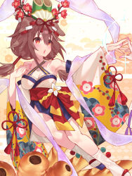 Rule 34 | 1girl, alternate hairstyle, animal ears, bare shoulders, breasts, brown hair, cleavage, commentary request, dog ears, fingernails, floral print, hair between eyes, hair ornament, highres, hololive, inugami korone, inugami korone (new year), japanese clothes, kimono, looking to the side, low twintails, medium breasts, medium hair, multicolored clothes, multicolored kimono, nail polish, pink nails, print kimono, red eyes, socks, solo focus, tabi, twintails, virtual youtuber, waterring, white kimono, wide sleeves