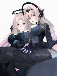 Rule 34 | 2girls, bianca: stigmata (punishing: gray raven), bianca (punishing: gray raven), black gloves, black legwear, blonde hair, bodysuit, breasts, cleavage, gloves, halo, highres, large breasts, long hair, looking at viewer, multiple girls, necktie, open mouth, punishing: gray raven, short necktie, simple background, thighhighs, tiara, white background