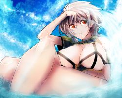 Rule 34 | 10s, 1girl, adapted costume, artist name, bare legs, bare shoulders, breasts, brown eyes, cleavage, cloud print, crop top, groin, kantai collection, kojima (blue stardust), large breasts, crossed legs, looking away, parted lips, revealing clothes, silver hair, sitting, smile, solo, unryuu (kancolle), wavy hair
