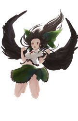 Rule 34 | 1girl, bad id, bad pixiv id, bare arms, bare legs, barefoot, black hair, black wings, blouse, bow, breasts, collared shirt, falling, floating hair, frilled shirt, frilled skirt, frilled sleeves, frills, full body, green bow, green skirt, hair bow, hands up, highres, huge bow, impossible clothes, long hair, medium breasts, midair, midriff peek, navel, open mouth, puffy short sleeves, puffy sleeves, red eyes, reiuji utsuho, shirt, short sleeves, simple background, skirt, solo, stomach, third eye, toes, touhou, very long hair, white background, white shirt, wings, yukitourou