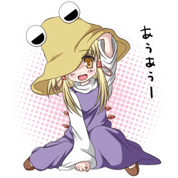 Rule 34 | 1girl, ;d, blonde hair, blush, dress, fang, female focus, hat, highres, long sleeves, looking at viewer, low twintails, moriya suwako, one eye closed, open mouth, purple dress, simple background, smile, solo, tareme, touhou, twintails, usakou, white background, yellow eyes