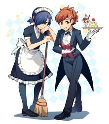 Rule 34 | 1boy, 1girl, :d, apron, back bow, black dress, black footwear, black pants, black pantyhose, black suit, blue eyes, blue hair, blush, bow, broom, brown eyes, brown hair, butler, cake, cake slice, checkered background, closed mouth, commentary, dress, english commentary, food, formal, frilled apron, frilled dress, frills, frown, fruit, gloves, hair ornament, hair over one eye, happy, holding, holding broom, holding tray, kuki tan, looking at viewer, maid, maid apron, maid headdress, open mouth, pants, pantyhose, parfait, persona, persona 3, puffy short sleeves, puffy sleeves, shiomi kotone, shirt, short hair, short sleeves, simple background, smile, star (symbol), strawberry, suit, tray, white apron, white background, white bow, white gloves, white shirt, x hair ornament, yuuki makoto (persona 3)
