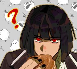 1girl ? black_coat black_hair black_nails burger coat eating food highres jerma985 jerma985_eating_a_whopper_(meme) limbus_company looking_at_viewer meme portrait pose_imitation project_moon red_eyes ryoshu_(project_moon) saphir230226 shirt short_hair solo white_shirt