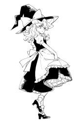 Rule 34 | 1girl, apron, bow, braid, clothes lift, frills, from side, full body, greyscale, hair ribbon, hat, hat bow, high heels, kirisame marisa, looking at viewer, monochrome, natsume (menthol), petticoat, puffy short sleeves, puffy sleeves, ribbon, short sleeves, simple background, single braid, skirt, skirt lift, skirt set, smile, socks, solo, touhou, tress ribbon, waist apron, wavy hair, witch hat