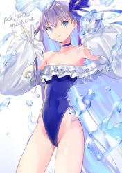 Rule 34 | 1girl, blue choker, blue eyes, blue leotard, blue ribbon, character name, choker, copyright name, fate/grand order, fate (series), frilled one-piece swimsuit, frills, fujie-yz, hair ribbon, highres, leotard, long hair, long sleeves, meltryllis, meltryllis (fate), meltryllis (swimsuit lancer) (fate), meltryllis (swimsuit lancer) (second ascension) (fate), one-piece swimsuit, purple hair, ribbon, simple background, sleeves past fingers, sleeves past wrists, solo, swimsuit, water, white background, wide sleeves