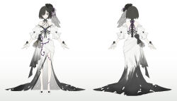 Rule 34 | 1girl, absurdres, alternate costume, asymmetrical bangs, bare legs, bare shoulders, black flower, black hair, black rose, black veil, bob cut, breasts, character sheet, cleavage, detached sleeves, dkdi93045, dress, flower, full body, gradient dress, grey dress, hair flower, hair ornament, hair over one eye, high heels, highres, long dress, medium breasts, multiple views, necrologist, one eye covered, pale skin, puffy short sleeves, puffy sleeves, reverse:1999, rose, see-through, see-through cleavage, short hair, short sleeves, side slit, sleeveless, sleeveless dress, standing, stitched face, stitched leg, stitches, thorns, torn clothes, torn dress, turnaround, veil, white dress, white footwear, wrist cuffs, yellow eyes