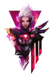 Rule 34 | 1girl, alternate costume, cyborg, ear protection, fiora (league of legends), glowing, glowing eyes, league of legends, lips, muju, neon trim, nose, pink eyes, project: fiora, solo, spiked hair, upper body, white hair