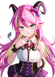 Rule 34 | 1girl, 6mint, absurdres, asymmetrical horns, bare shoulders, blonde hair, blush, breasts, chest harness, demon horns, fangs, green eyes, hair between eyes, hair ornament, hand up, harness, headphones, headphones around neck, highres, hololive, horns, long hair, looking at viewer, mano aloe, multicolored hair, open mouth, pink hair, pointy ears, sleeveless, smile, solo, two-tone hair, uneven horns, virtual youtuber