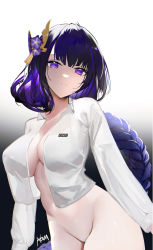 Rule 34 | 1girl, alternate costume, arms at sides, black background, blue hair, braid, breasts, cleavage, closed mouth, collarbone, collared shirt, genshin impact, gradient background, hair ornament, head tilt, highres, large breasts, long hair, long sleeves, looking at viewer, low-braided long hair, low-tied long hair, mole, mole under eye, naked shirt, neck, omone hokoma agm, open clothes, open shirt, purple eyes, raiden shogun, sad, shirt, solo, standing, two-tone background, very long hair, white background, white shirt