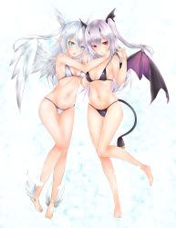 Rule 34 | 2girls, angel, angel and devil, ankle wings, barefoot, bikini, blue eyes, blush, breasts, character request, demon girl, demon wings, frofrofrost, full body, head wings, highres, long hair, looking at viewer, md5 mismatch, multiple girls, navel, open mouth, phantasy star, phantasy star online 2, pointy ears, red eyes, resolution mismatch, standing, swimsuit, twintails, two side up, white hair, wings