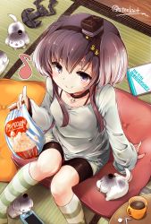 Rule 34 | 1girl, alternate costume, anchor, bag, black hair, blouse, box, breasts, brown eyes, casual, coffee mug, commentary request, cup, cushion, dog, eighth note, food, from above, game console, gradient hair, green legwear, grey hair, hat, headgear, highres, indoors, jewelry, kantai collection, looking at viewer, looking up, mini hat, mug, multicolored hair, music, musical note, necklace, nijou katame, nintendo switch, popcorn, shirt, short hair, short hair with long locks, shorts, singing, sitting, small breasts, socks, solo, striped clothes, striped legwear, striped socks, table, tatami, tokitsukaze (kancolle), twitter username