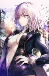 Rule 34 | 1girl, absurdres, ahoge, black dress, blue coat, breasts, center opening, chain-link fence, cleavage, closed mouth, coat, dress, fate/grand order, fate (series), fence, full-length zipper, fur-trimmed coat, fur trim, grey hair, hane yuki, highres, jeanne d&#039;arc alter (fate), jeanne d&#039;arc alter (ver. shinjuku 1999) (fate), large breasts, long sleeves, looking at viewer, navel, official alternate costume, revision, short hair, solo, yellow eyes, zipper