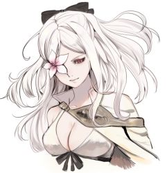Rule 34 | 1girl, bow, breasts, cleavage, drag-on dragoon, drag-on dragoon 3, flower, flower eyepatch, flower over eye, hair bow, long hair, looking down, rean26, red eyes, side cape, solo, white background, white hair, zero (drag-on dragoon)