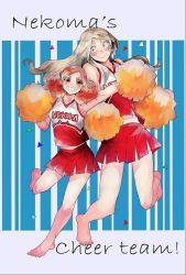 Rule 34 | 2girls, :&gt;, :d, arm up, armpits, artist request, bare shoulders, barefoot, blonde hair, blush, breasts, brown eyes, brown hair, cheering, cheerleader, closed mouth, english text, full body, green eyes, grin, haiba arisa, haikyuu!!, hair ornament, hairclip, height difference, long hair, looking at viewer, midriff, miniskirt, multiple girls, navel, open mouth, pleated skirt, pom pom (cheerleading), red skirt, shirt, skirt, sleeveless, sleeveless shirt, smile, standing, standing on one leg, striped, striped background, teeth, twintails, yamamoto akane