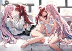 Rule 34 | 2girls, alternate costume, alternate hair length, alternate hairstyle, arknights, arm support, bare legs, barefoot, black choker, black skirt, blunt bangs, blush, bra, choker, closed eyes, closed mouth, couch, cross, detached wings, energy wings, exusiai (arknights), female focus, from side, girl on top, halo, hand on another&#039;s cheek, hand on another&#039;s face, imminent kiss, incest, indoors, kataokasan, lemuen (arknights), long hair, long sleeves, lying, multiple girls, navel, on back, on couch, one side up, open mouth, panties, pink eyes, pink hair, profile, reclining, red eyes, red hair, saliva, saliva trail, shirt, siblings, sisters, skirt, smile, tongue, tongue out, underwear, underwear only, very long hair, white bra, white panties, white shirt, wings, yuri