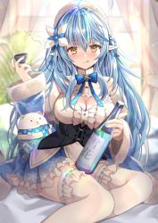 Rule 34 | 1girl, ahoge, alcohol, bad id, bad twitter id, beret, black corset, blouse, blue bow, blue bowtie, blue coat, blue hair, blue nails, blue skirt, blush, bottle, bow, bowtie, braid, breasts, buttons, center frills, cleavage, cleavage cutout, clothing cutout, coat, commentary, corset, cup, day, earrings, elf, flower, frilled shirt, frilled skirt, frilled thighhighs, frills, fur-trimmed sleeves, fur trim, hair between eyes, hair flower, hair ornament, hair ribbon, half updo, hand up, hat, highres, holding, holding bottle, holding cup, hololive, hololive alternative, indoors, jewelry, large breasts, licking lips, long hair, looking at viewer, miniskirt, multicolored hair, nail polish, nozomi fuuten, plant, pleated skirt, pointy ears, ribbon, see-through, see-through skirt, shirt, sidelocks, sitting, skirt, sleeveless, sleeveless shirt, snowflake print, solo, streaked hair, sunlight, symbol-only commentary, thighhighs, tongue, tongue out, virtual youtuber, white hair, white hat, white shirt, white thighhighs, yellow eyes, yukihana lamy, zettai ryouiki