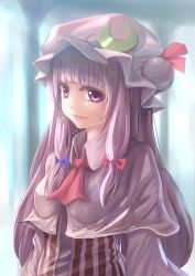 Rule 34 | 1girl, blunt bangs, canae0, capelet, colored eyelashes, crescent, female focus, hat, highres, long hair, long sleeves, patchouli knowledge, pink eyes, purple hair, smile, solo, touhou