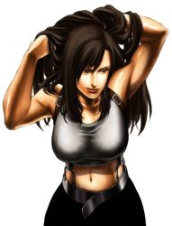 Rule 34 | 1990s (style), 1girl, armpits, bare shoulders, breasts, brown hair, collarbone, female focus, final fantasy, final fantasy vii, hands in pockets, leaning forward, long hair, looking to the side, midriff, navel, retro artstyle, shirt, simple background, sleeveless, sleeveless shirt, solo, stomach, suspenders, tifa lockhart, very long hair, white background