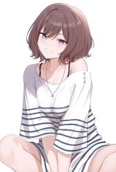 Rule 34 | 1girl, absurdres, bare legs, blush, breasts, brown hair, collarbone, commentary request, gakuen idolmaster, highres, idolmaster, looking at viewer, medium breasts, neo asari, no pants, purple eyes, riogu7t, shirt, short hair, simple background, single bare shoulder, sitting, smile, solo, striped clothes, striped shirt, white background