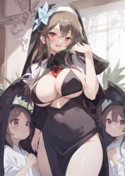 Rule 34 | 3girls, age difference, ai-assisted, alternate costume, bad hands, bikini, black bikini, black wings, breasts, child, closed mouth, commentary request, flower, hair flower, hair ornament, highres, large breasts, looking at viewer, mole, mole on breast, multiple girls, navel, nun, reiuji utsuho, shirt, short sleeves, side-tie bikini bottom, smile, swimsuit, tetsurou (fe+), third eye, touhou, white shirt, wings