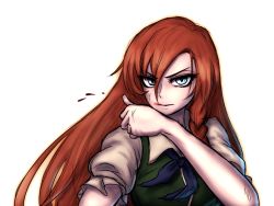 Rule 34 | 1girl, aqua eyes, ascot, blood, blood from mouth, braid, flick, focused, gradient eyes, green vest, hong meiling, long hair, miata (miata8674), multicolored eyes, no headwear, red hair, scratches, serious, short sleeves, simple background, single braid, solo, touhou, upper body, very long hair, vest, white background