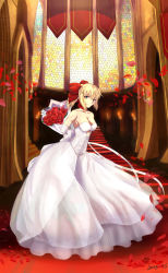 Rule 34 | 10s, 1girl, 2015, absurdres, artoria pendragon (all), artoria pendragon (fate), bare shoulders, blonde hair, blue eyes, bouquet, breasts, church, cleavage, dated, dress, elbow gloves, fate/grand order, fate (series), flower, gloves, hair ribbon, highres, indoors, large breasts, long dress, nero claudius (fate), nero claudius (fate/extra), red ribbon, ribbon, rose, saber lily, smile, solo, stained glass, stairs, wedding dress, white gloves, zhaoranrushi