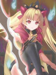 Rule 34 | 1girl, blonde hair, cape, earrings, ereshkigal (fate), fate (series), hair ribbon, highres, jewelry, long hair, looking at viewer, marionette (excle), red cape, red eyes, red ribbon, ribbon, smile, solo, thighhighs, tohsaka rin, twintails, weapon