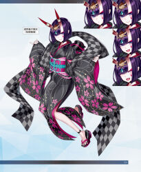 Rule 34 | 1girl, alternate costume, black kimono, closed mouth, facial mark, fate/grand order, fate (series), floral print, flower, full body, hair ornament, highres, honjou raita, horns, japanese clothes, jewelry, kimono, long hair, long sleeves, looking at viewer, makeup, multiple views, obi, official alternate costume, official art, okobo, page number, purple eyes, purple hair, sandals, sash, short hair, shuten douji (fate), shuten douji (lostroom outfit) (fate), simple background, skin-covered horns, sleeves past wrists, smile, toeless footwear, toes, wide sleeves