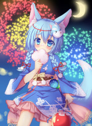 Rule 34 | 1girl, animal ears, blue eyes, blue hair, braid, candy apple, cotton candy, crescent moon, dog ears, dog tail, eating, fireworks, food, food on face, frilled kimono, frills, highres, japanese clothes, kimono, koyomi (shironeko project), mask, matching hair/eyes, moon, nagare yoshimi, obi, sash, shironeko project, short hair, solo, tail, twin braids, wolf ears, wolf tail