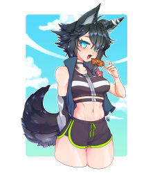 Rule 34 | 1girl, abs, animal ears, bandages, bare shoulders, black hair, blue eyes, blue sky, blush, breasts, cloud, cloudy sky, curvy, eating, fang, feet out of frame, flower, food, highres, ikayaki, large breasts, muscular, muscular female, navel, open mouth, original, shorts, sky, spiked hair, sportswear, stick, tail, vest, wetpotato, zipper