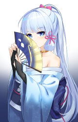Rule 34 | 1girl, absurdres, ayaka (genshin impact), bare shoulders, black gloves, blue background, blue eyes, blue hair, blue kimono, blue sash, bow, bridal gauntlets, choker, commentary, czk, genshin impact, gloves, gradient background, hair bow, hands up, highres, japanese clothes, kimono, long hair, looking at viewer, obi, off shoulder, pink bow, ponytail, sash, smile, solo, upper body, very long hair, white background, yellow choker