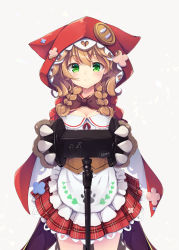 Rule 34 | 1girl, :3, animal hands, animal hood, apron, binaural microphone, bow, braid, breasts, brown bow, cape, claws, cleavage, commentary request, cowboy shot, frilled apron, frilled hood, frilled skirt, frills, gloves, green eyes, highres, hood, hooded cape, messy hair, microphone, nekopote, nijisanji, paw gloves, paw print, plaid, plaid skirt, red cape, red hood, red skirt, shirt, skirt, twin braids, virtual youtuber, waist apron, warabeda meijii, warabeda meijii (1st costume), white apron, white shirt