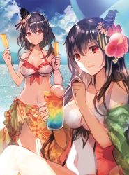 Rule 34 | 10s, 2girls, bikini, black hair, breasts, cleavage, cloud, collarbone, covered navel, day, drink, drinking straw, flower, food, fusou (kancolle), hair flower, hair ornament, kantai collection, long hair, looking at viewer, medium breasts, multiple girls, ocean, one-piece swimsuit, outdoors, parted lips, popsicle, red eyes, rioka (southern blue sky), sarong, short hair, sitting, sky, smile, standing, swimsuit, white bikini, yamashiro (kancolle)