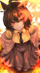 Rule 34 | 1girl, absurdres, agnes tachyon (umamusume), ahoge, alternate costume, animal ears, autumn, autumn leaves, black necktie, black pantyhose, brown hair, brown jacket, brown skirt, closed mouth, collared shirt, commentary request, earrings, hair between eyes, highres, hisagi (hisagi00), horse ears, horse girl, jacket, jacket partially removed, jewelry, long sleeves, looking at viewer, necktie, on ground, open clothes, open jacket, outdoors, pantyhose, red eyes, shirt, short hair, single earring, skirt, smile, solo, umamusume, yellow shirt
