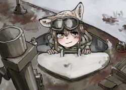 Rule 34 | 1girl, animal ear fluff, animal ears, brown eyes, brown hair, closed mouth, commentary request, day, fox ears, fox girl, fox girl (yihan1949), goggles, goggles on head, green jacket, hands up, highres, hood, hood down, hooded jacket, jacket, looking at viewer, military vehicle, motor vehicle, original, outdoors, smirk, snow, solo, tank, yihan1949, yihan world