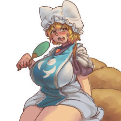 Rule 34 | 1girl, animal hat, blonde hair, blush, breasts, chanta (ayatakaoisii), cowboy shot, dress, fox tail, hand fan, hat, holding, holding fan, large breasts, medium hair, mob cap, multiple tails, open mouth, simple background, solo, tabard, tail, touhou, white background, white dress, white hat, yakumo ran