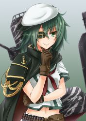 Rule 34 | &gt;:), 10s, 1girl, anti (untea9), blush, cape, eyepatch, gloves, green eyes, green hair, hand on own chin, hat, kantai collection, kiso (kancolle), kiso kai ni (kancolle), matching hair/eyes, personification, school uniform, short hair, skirt, smile, solo, v-shaped eyebrows
