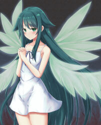 Rule 34 | 1girl, bare arms, black background, black ribbon, blush, closed mouth, collarbone, colored eyelashes, commentary request, cowboy shot, dress, expressionless, eyelashes, flat chest, green eyes, green hair, green wings, groin, hair between eyes, highres, interlocked fingers, long hair, own hands together, ribbon, saya (saya no uta), saya no uta, short dress, sidelocks, simple background, sleeveless, sleeveless dress, solo, standing, straight hair, very long hair, white dress, wings, yuunagi (yunagi1373)