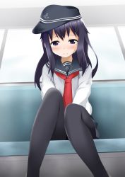 Rule 34 | 1girl, akatsuki (kancolle), anchor symbol, black hat, black pantyhose, black sailor collar, black skirt, blush, closed mouth, commentary request, couch, day, female focus, flat cap, from below, gokiburi no dashi, half-closed eyes, hat, have to pee, highres, indoors, kantai collection, knees together feet apart, long hair, long sleeves, looking at viewer, looking down, matching hair/eyes, neckerchief, necktie, pantyhose, pleated skirt, purple eyes, purple hair, red neckerchief, sailor collar, school uniform, serafuku, shirt, sideways hat, sitting, skirt, solo, sunlight, sweat, tears, uniform, white shirt, window