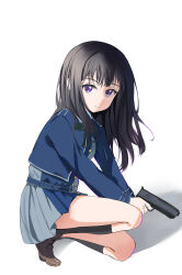 Rule 34 | 1girl, absurdres, black hair, black socks, blue dress, brown footwear, catch (catch9030), closed mouth, commentary, dress, expressionless, full body, grey dress, gun, handgun, highres, holding, holding gun, holding weapon, inoue takina, kneehighs, kneeling, long hair, long sleeves, looking at viewer, lycoris recoil, lycoris uniform, pleated dress, purple eyes, shadow, sidelocks, simple background, socks, solo, two-tone dress, weapon, white background