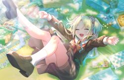 Rule 34 | 1girl, blonde hair, blue hair, book, brand name imitation, brown dress, brown footwear, candy, cellphone, chips (food), closed eyes, dress, facing viewer, fang, food, from above, full body, game cg, gradient hair, handheld game console, hasu no sora school uniform, highres, legs up, lens flare, link! like! love live!, loafers, long hair, long sleeves, love live!, lying, m&amp;m&#039;s, multicolored hair, multiple girls, neckerchief, official art, oil lamp, on back, on grass, open mouth, osawa rurino, outstretched arms, phone, pizza, pizza box, pleated dress, potato chips, red neckerchief, sailor collar, sailor dress, school uniform, shade, shoes, sidelocks, smartphone, smile, socks, solo, speaker, textbook, third-party source, two-tone hair, water gun, white sailor collar, white socks, winter uniform, wrapped candy